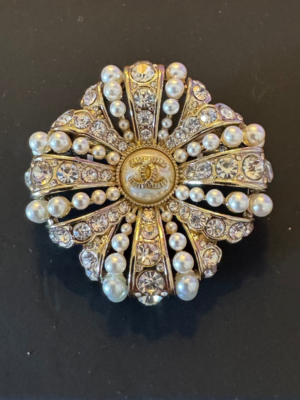 Super Rare Classic Chanel CC Crystal Embellished Pearl & Gold Pin Brooch